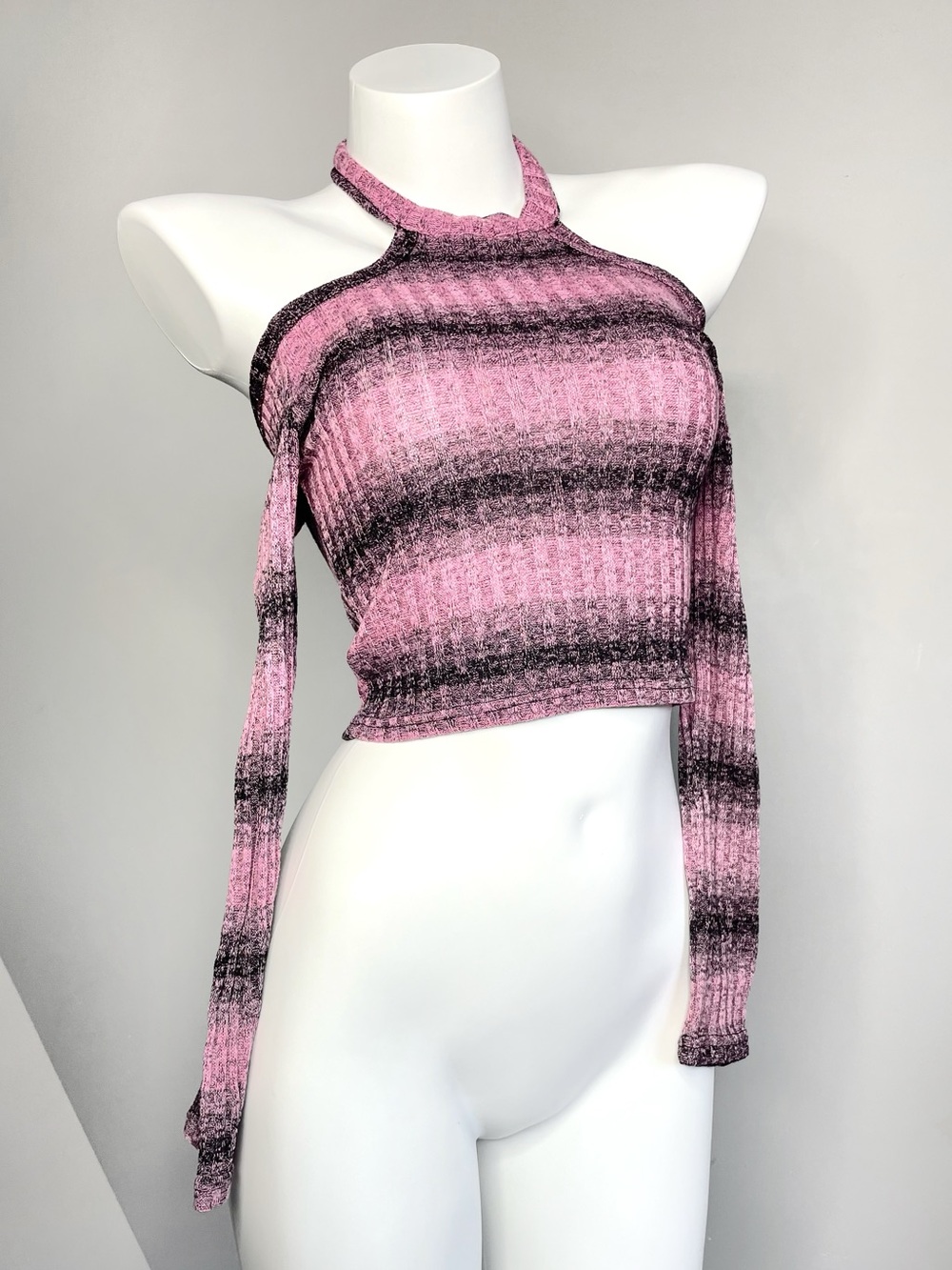 Pink and Black Striped Long Sleeve Crop Top